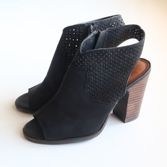 Lucky Brand Black Nubuck Perforated Leather Block Heel Open Toe Bootie Shoes 7.5 - Picture 12 of 16